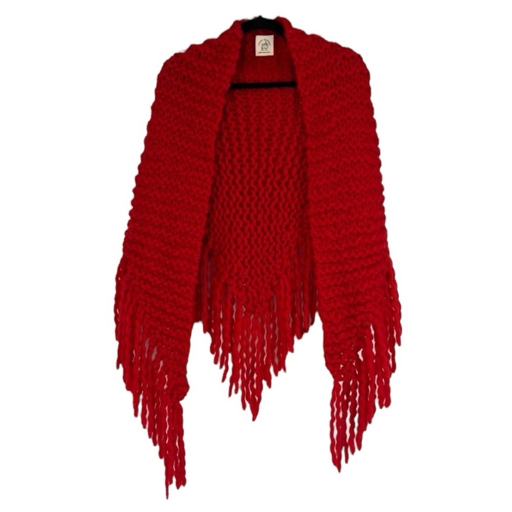 LOOPY MANGO 100% Lambswool Red Colorful Knit Fringe Shawl Poncho Sweater OS